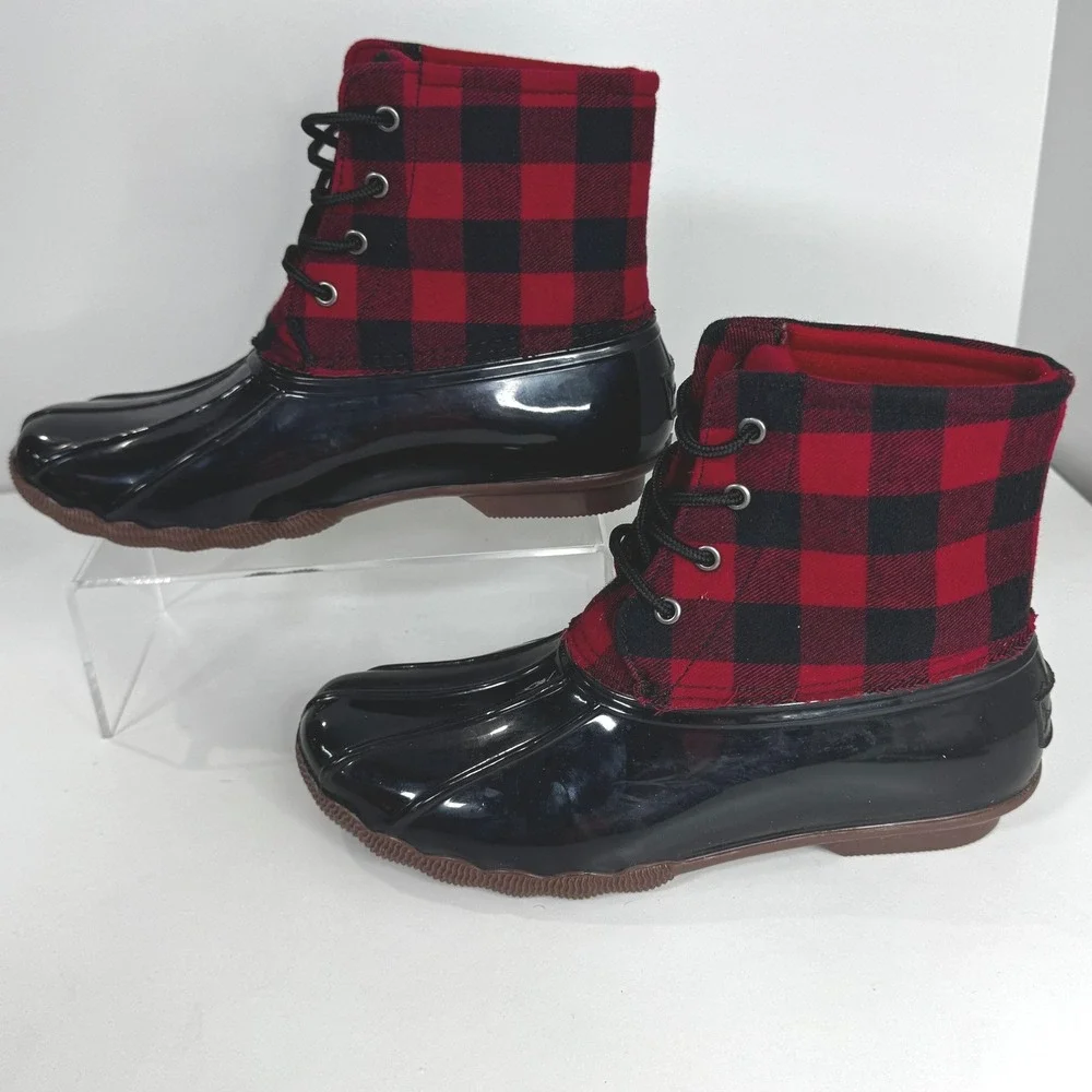 Jessica Carlyle Womens Buffalo Plaid Duck Boots Black Red Rain Snow Size 10